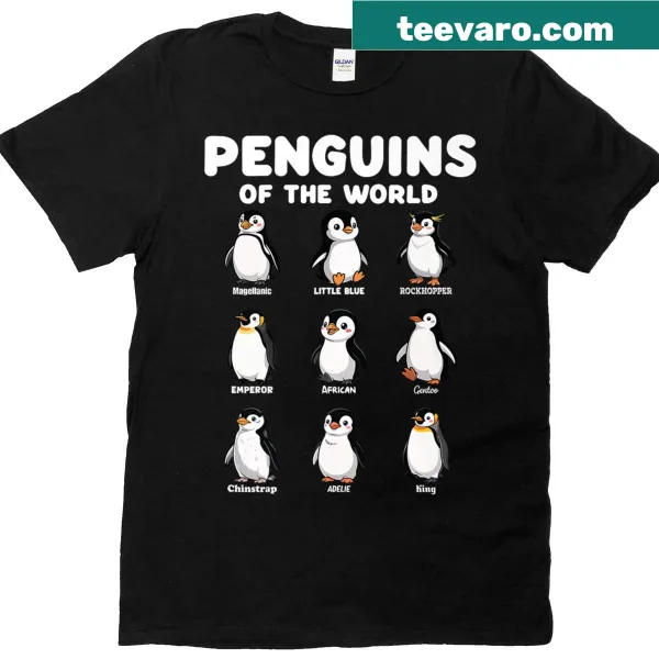 Cute animal lover T-shirt featuring various penguin graphics