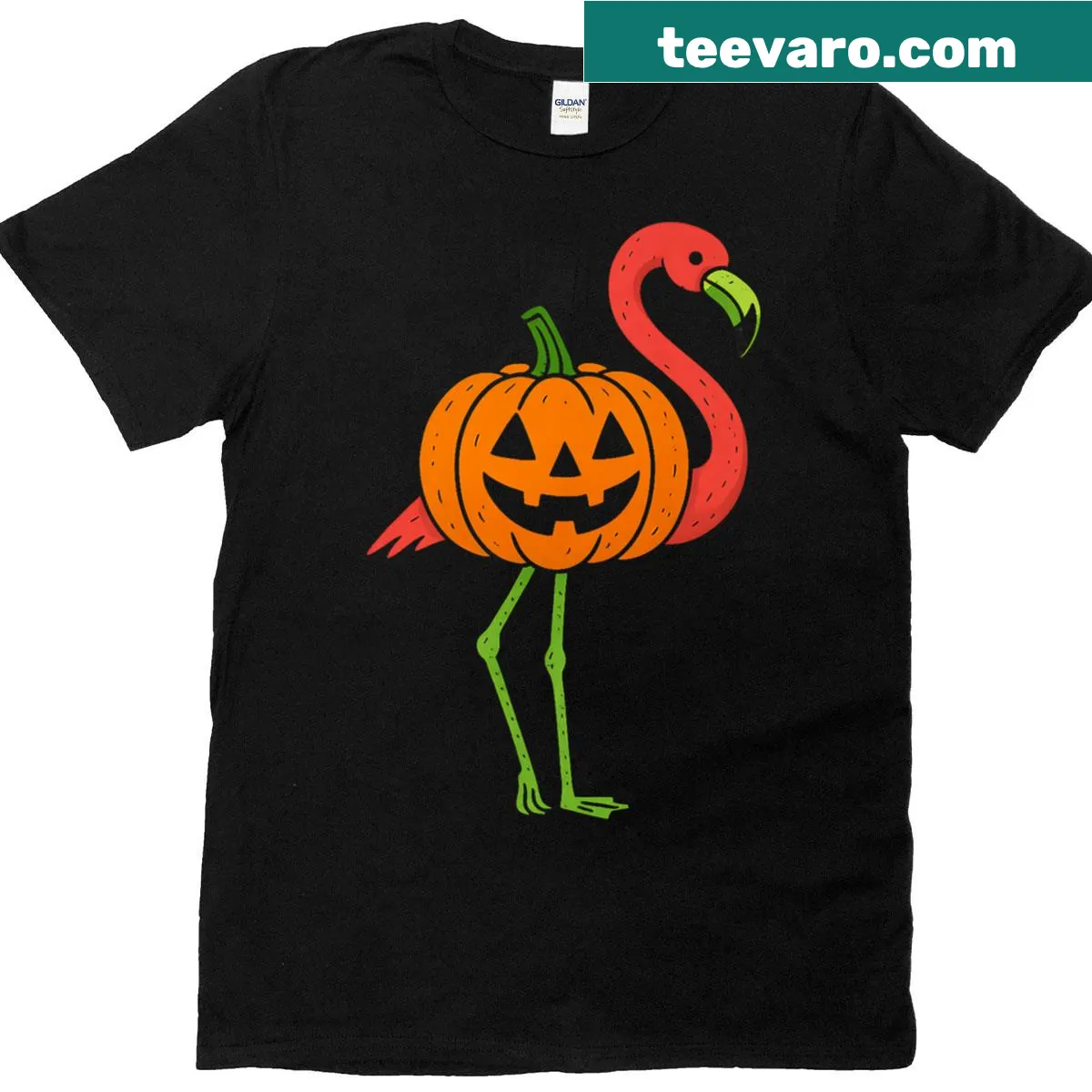 Whimsical pink flamingo witch design surrounded by pumpkins and ghosts — on a men's t-shirt