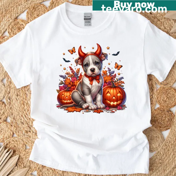 Pit Bull puppy with devil horns shirt for Halloween.