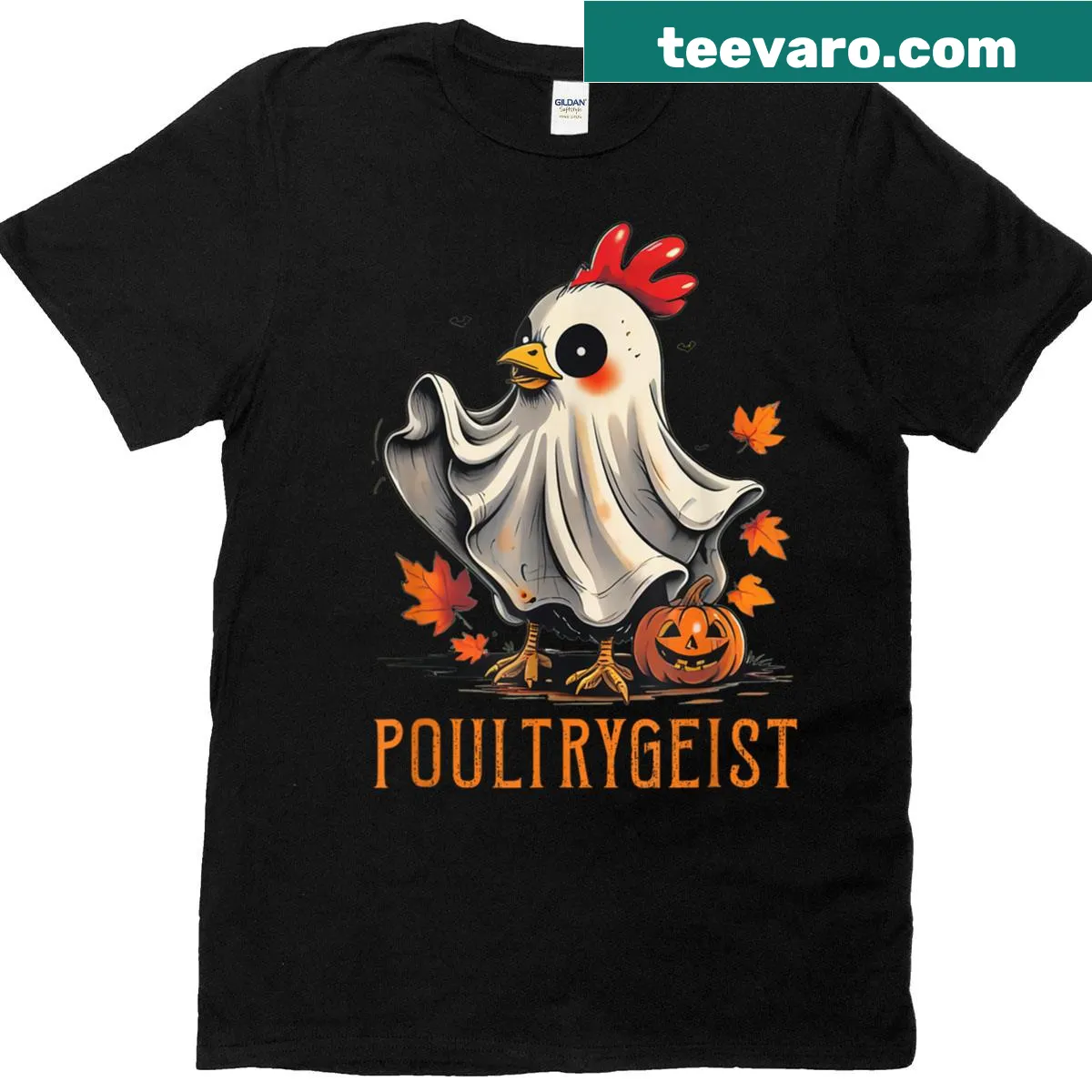 Funny Halloween t-shirt with a chicken ghost and pumpkin design — on a men's t-shirt