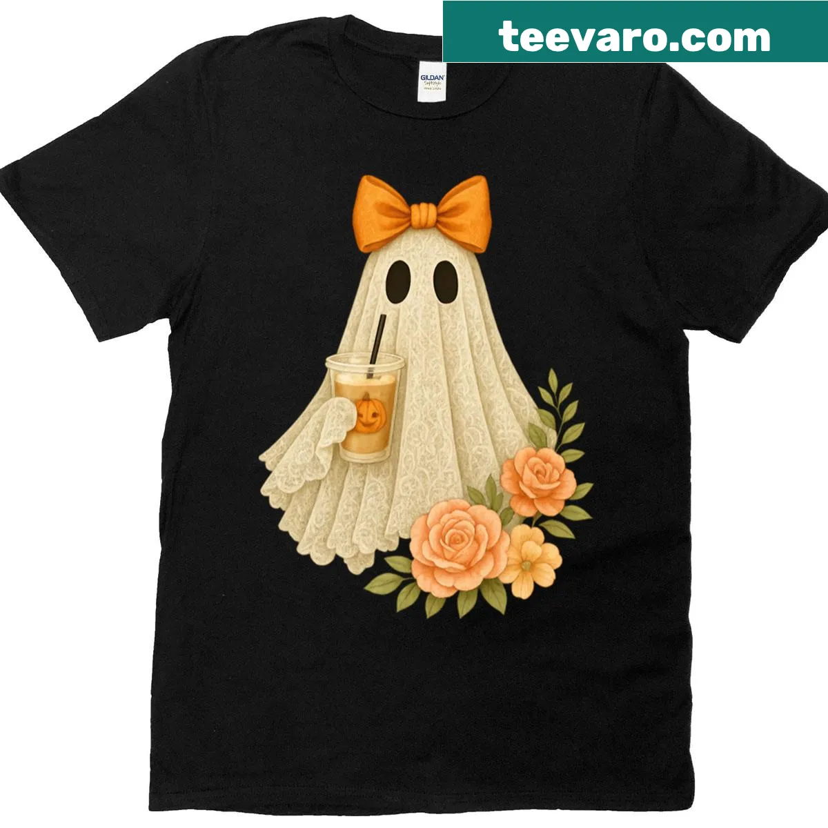 Adorable ghost with pumpkin spice elements in playful design — on a men's t-shirt