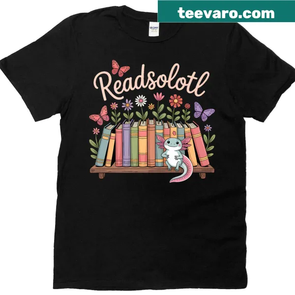 Kawaii axolotl surrounded by books on a reading-themed shirt