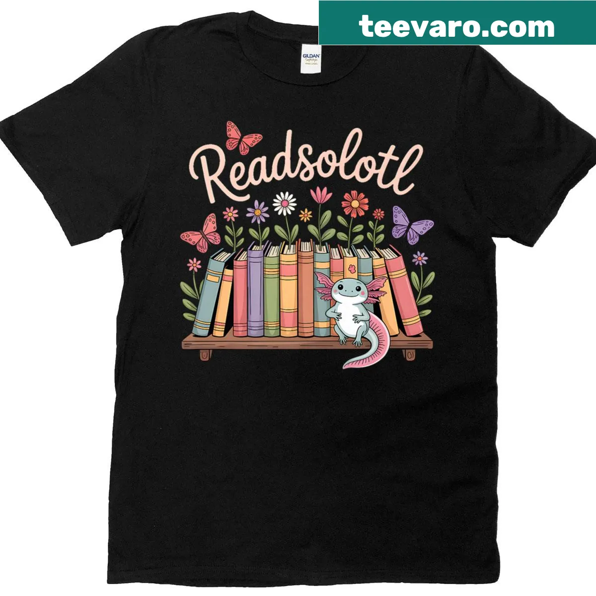 Kawaii axolotl surrounded by books on a reading-themed shirt — on a men's t-shirt