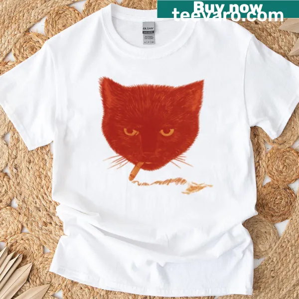 Red T-shirt featuring an edgy illustration of a smoking cat