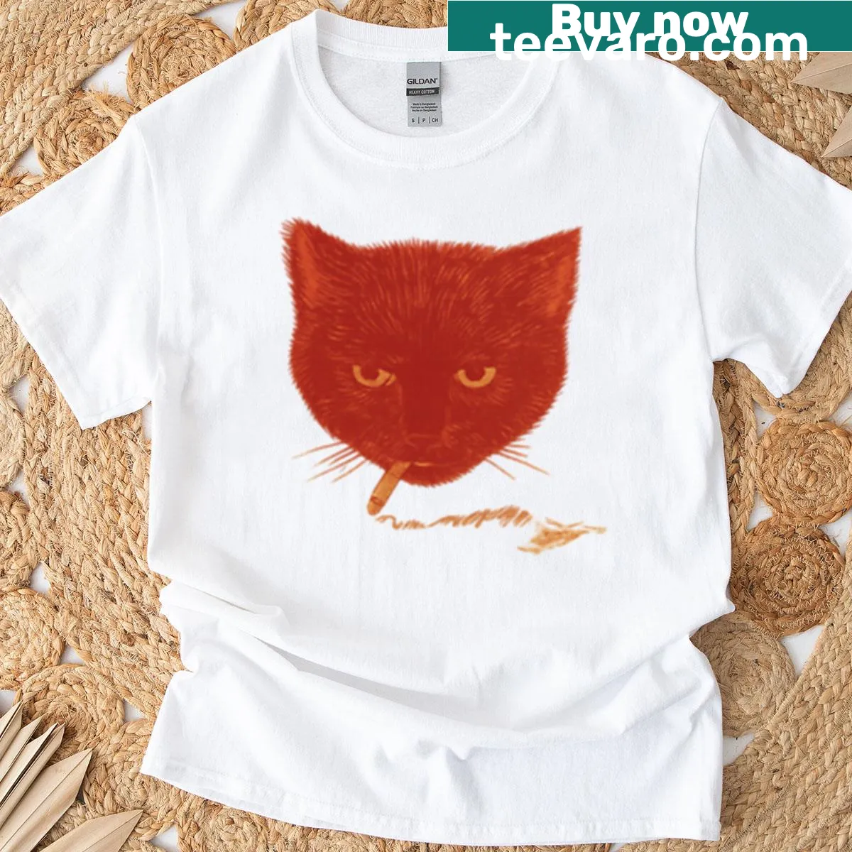 Red T-shirt featuring an edgy illustration of a smoking cat — on a men's t-shirt
