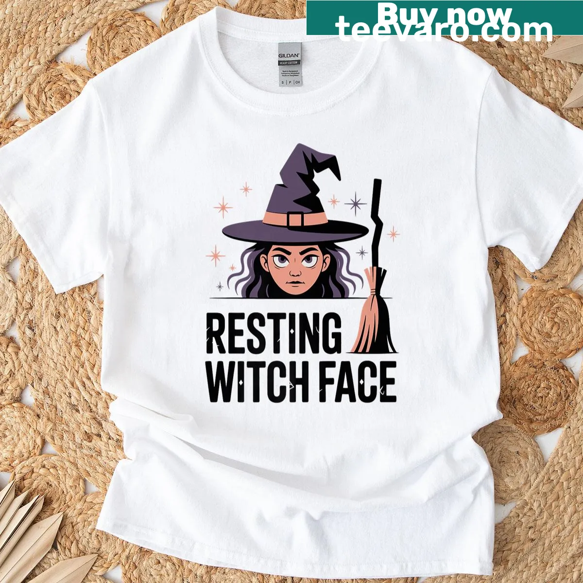 Sassy Halloween t-shirt with 'Resting Witch Face' text — on a men's t-shirt