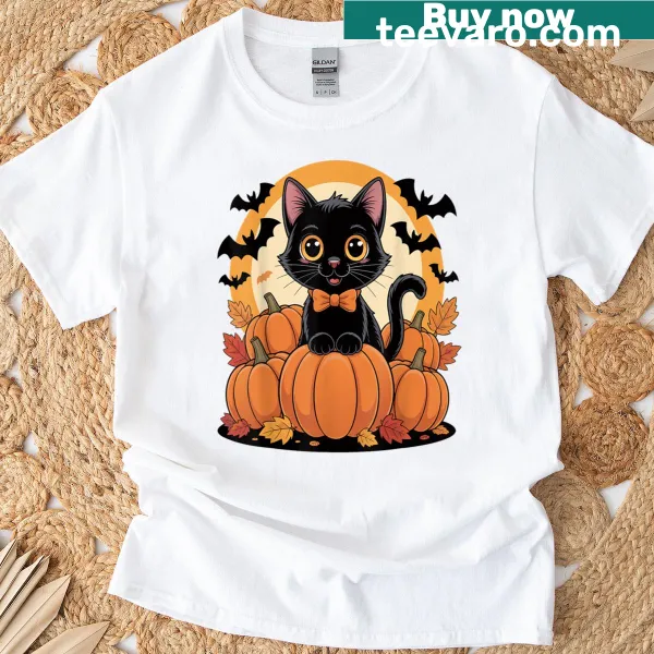 Retro black cat and pumpkin Halloween t-shirt