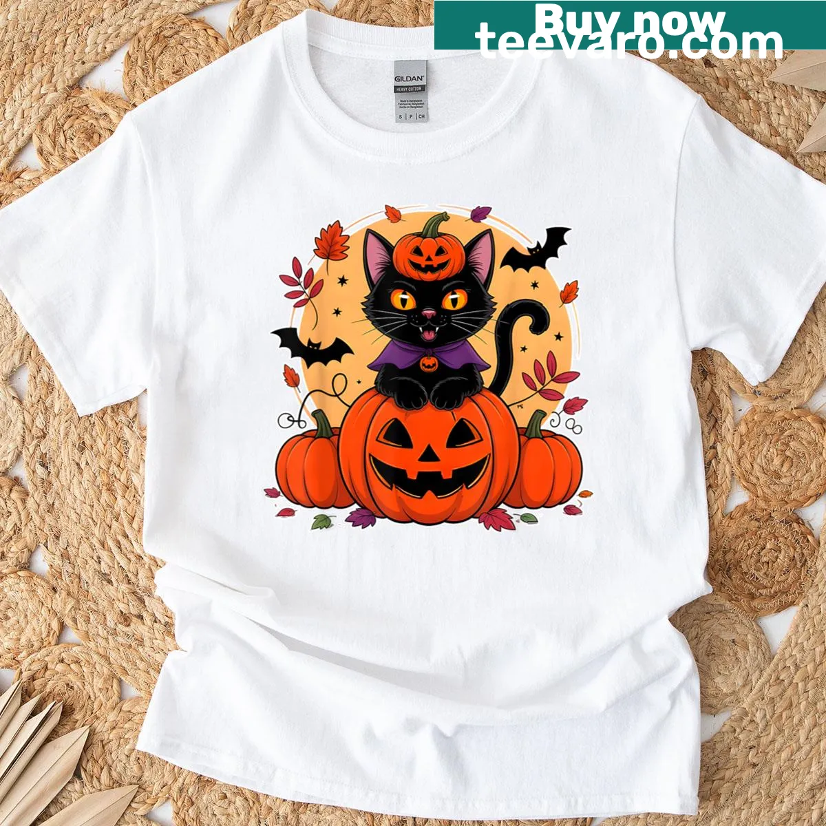 Retro Halloween T-shirt featuring a black cat and pumpkin design — on a men's t-shirt