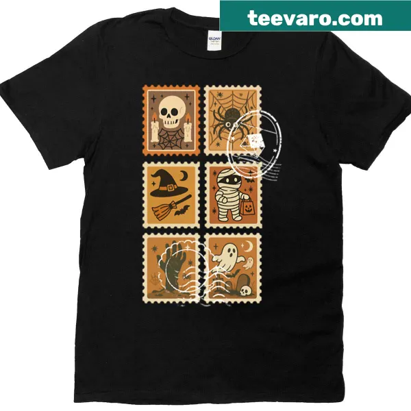 Retro Halloween t-shirt featuring spooky stamps of ghosts and mummies