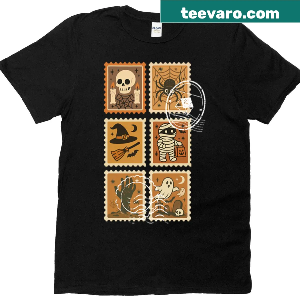 Retro Halloween t-shirt featuring spooky stamps of ghosts and mummies — on a men's t-shirt