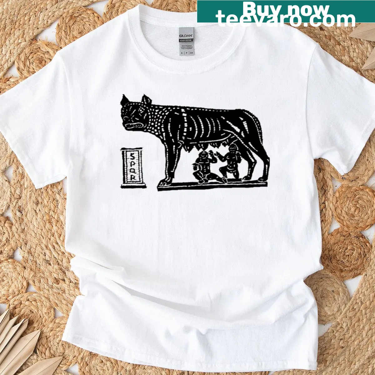 T-shirt featuring an illustration of Romulus and Remus — on a men's t-shirt