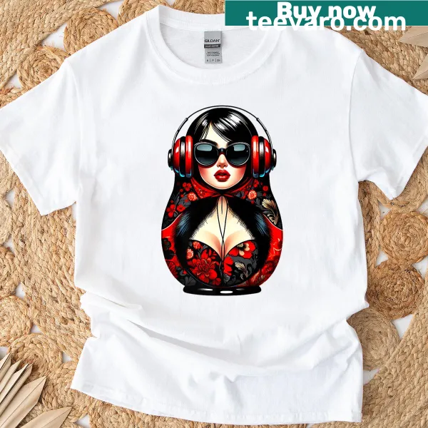 Illustrated T-shirt featuring Russian Matryoshka dolls and music themes