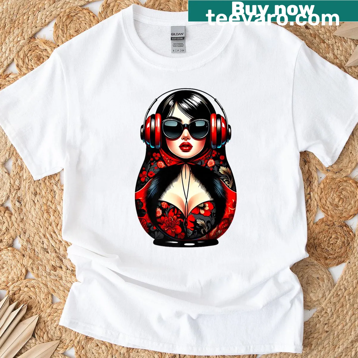 Illustrated T-shirt featuring Russian Matryoshka dolls and music themes — on a men's t-shirt