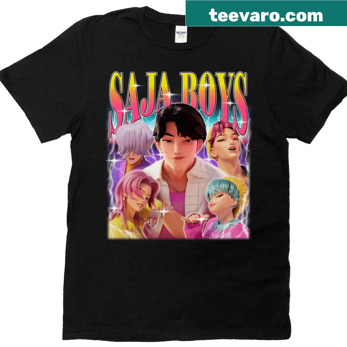 Vibrant K-pop design shirt featuring the Saja Boys. — on a men's t-shirt