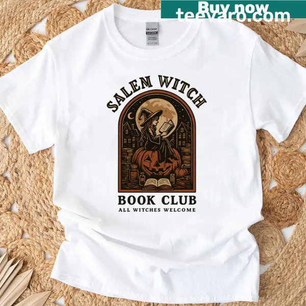 Typography design promoting 'Salem Witch Book Club' on Halloween-themed t-shirt