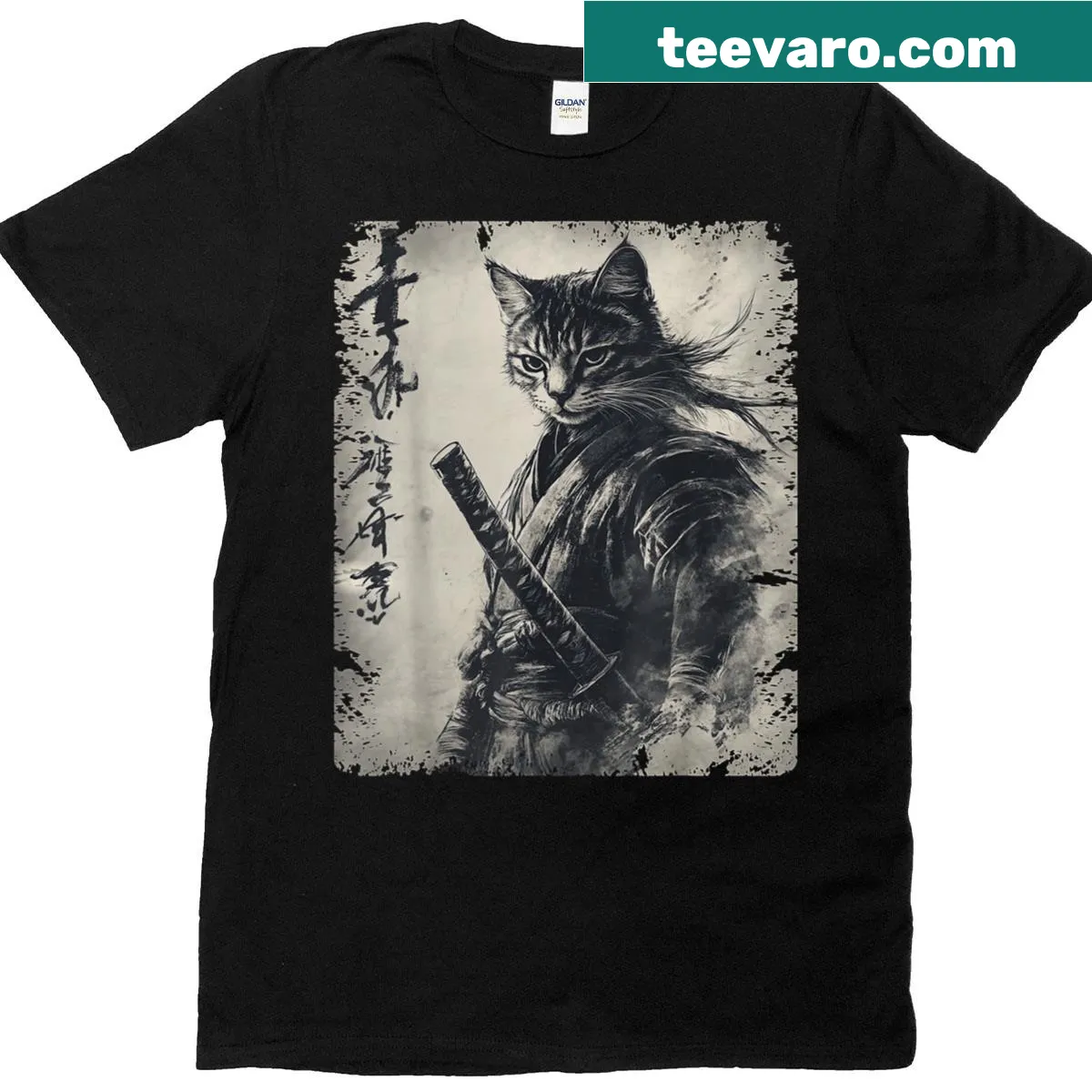 Vintage-style shirt featuring a samurai cat graphic. — on a men's t-shirt