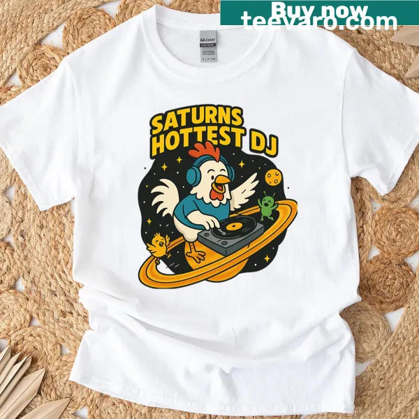 Whimsical t-shirt featuring a space chicken DJ