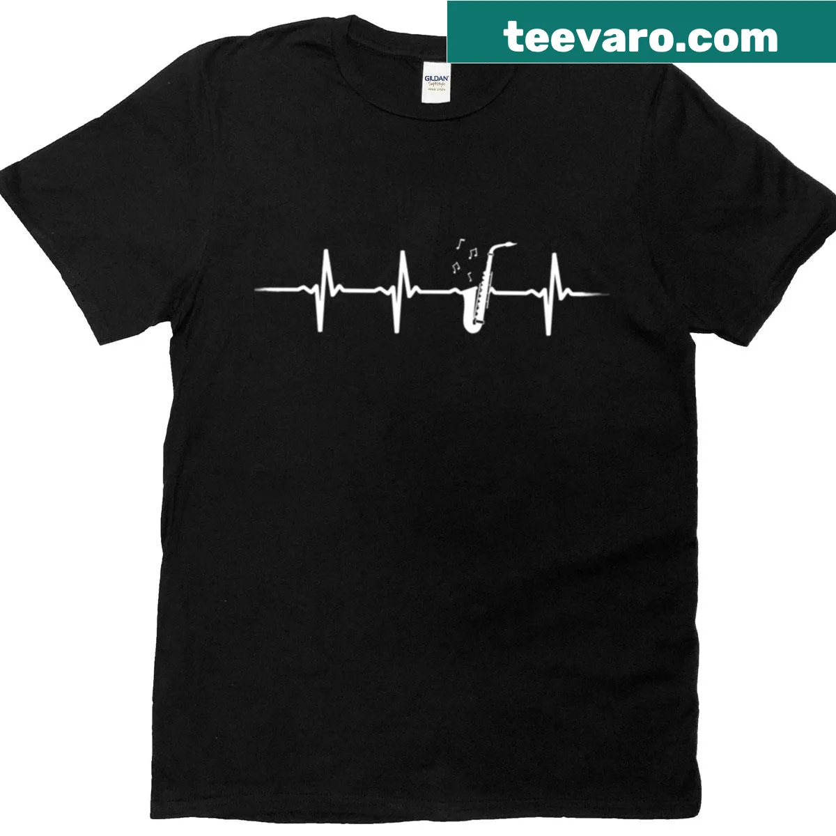 Saxophone heartbeat graphic on a music-themed shirt — on a men's t-shirt