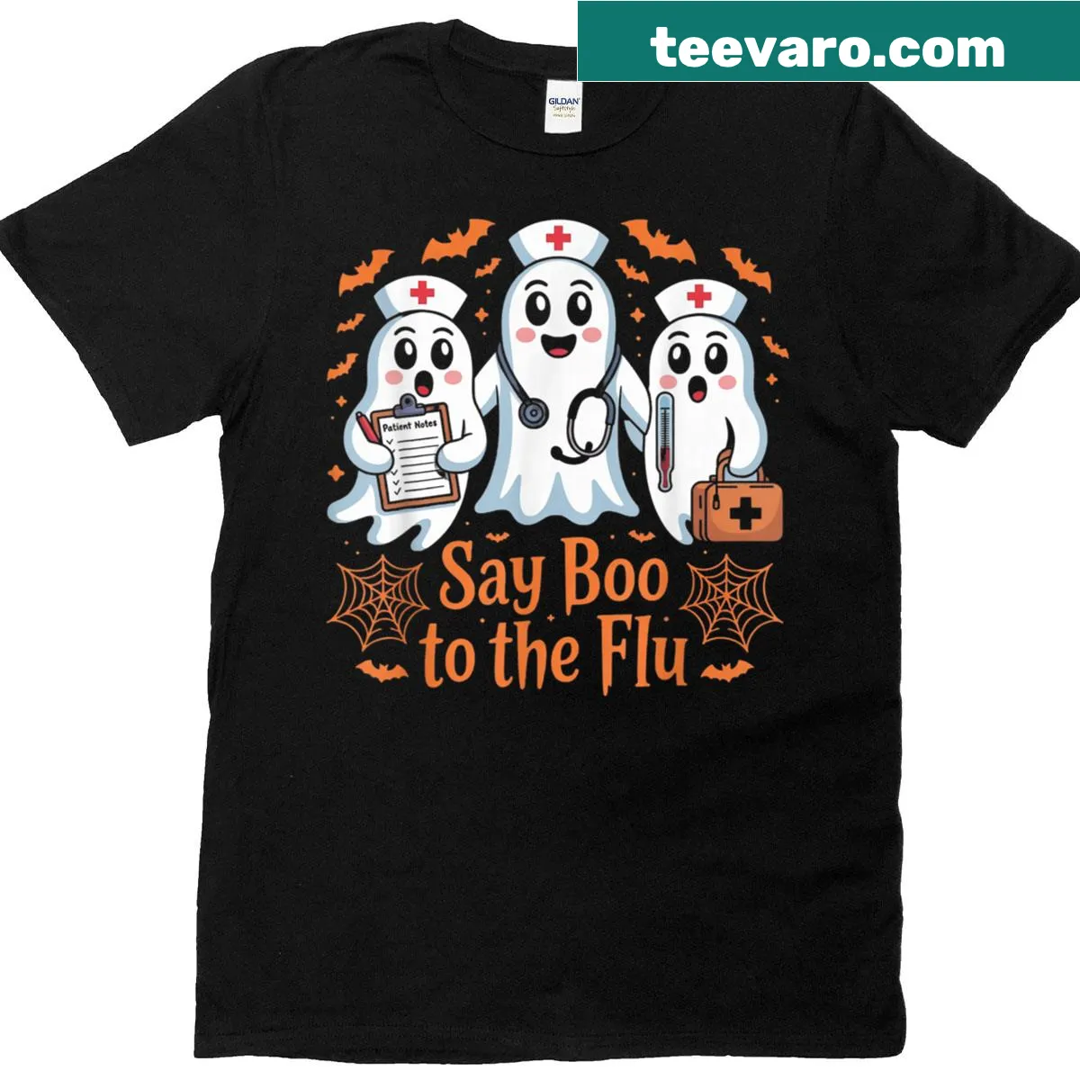 Funny ghost graphic T-shirt with 'Say Boo To The Flu' phrase, perfect for nurses. — on a men's t-shirt