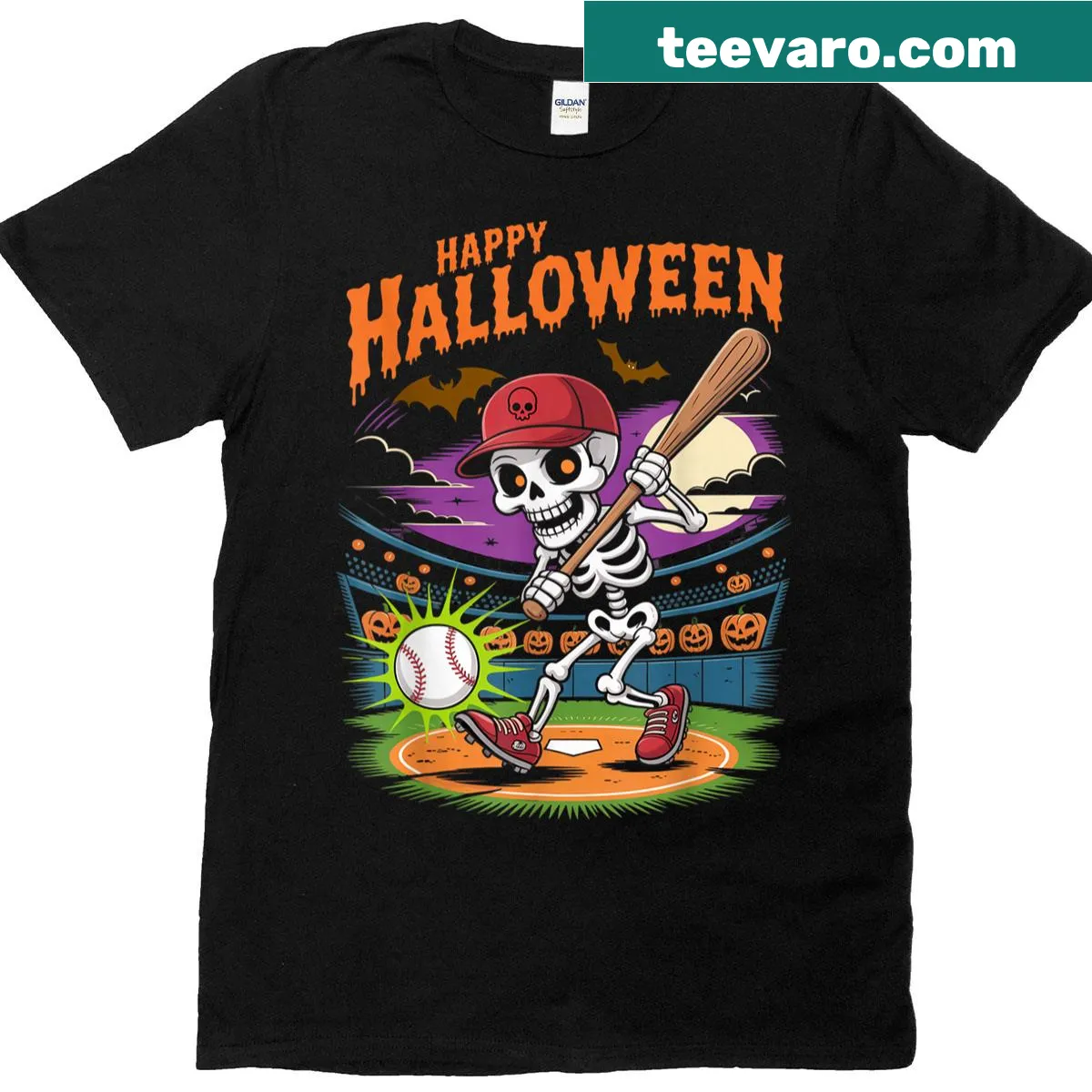 Skeleton baseball player Halloween graphic T-shirt — on a men's t-shirt
