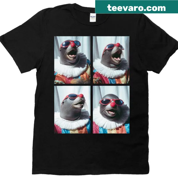 Cute cartoon T-shirt featuring sea lions with sunglasses in a clown theme