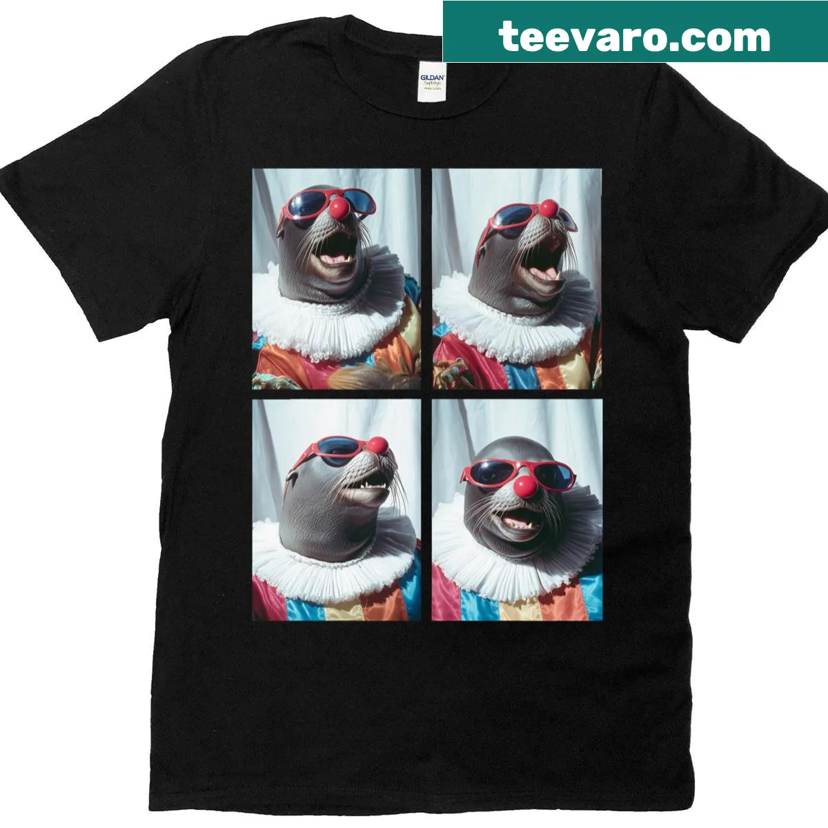Cute cartoon T-shirt featuring sea lions with sunglasses in a clown theme — on a men's t-shirt