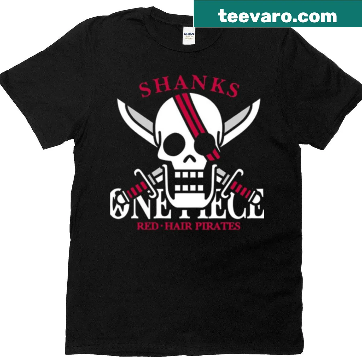 One Piece t-shirt featuring Shanks with red hair and logo — on a men's t-shirt