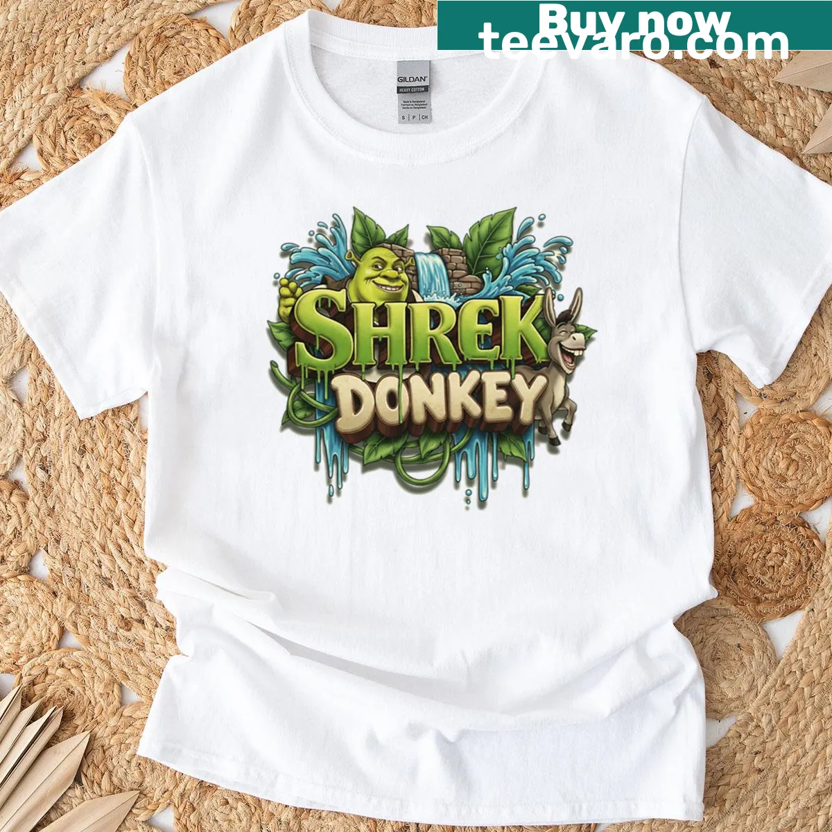 T-shirt featuring Shrek and Donkey in a swamp adventure illustration — on a men's t-shirt