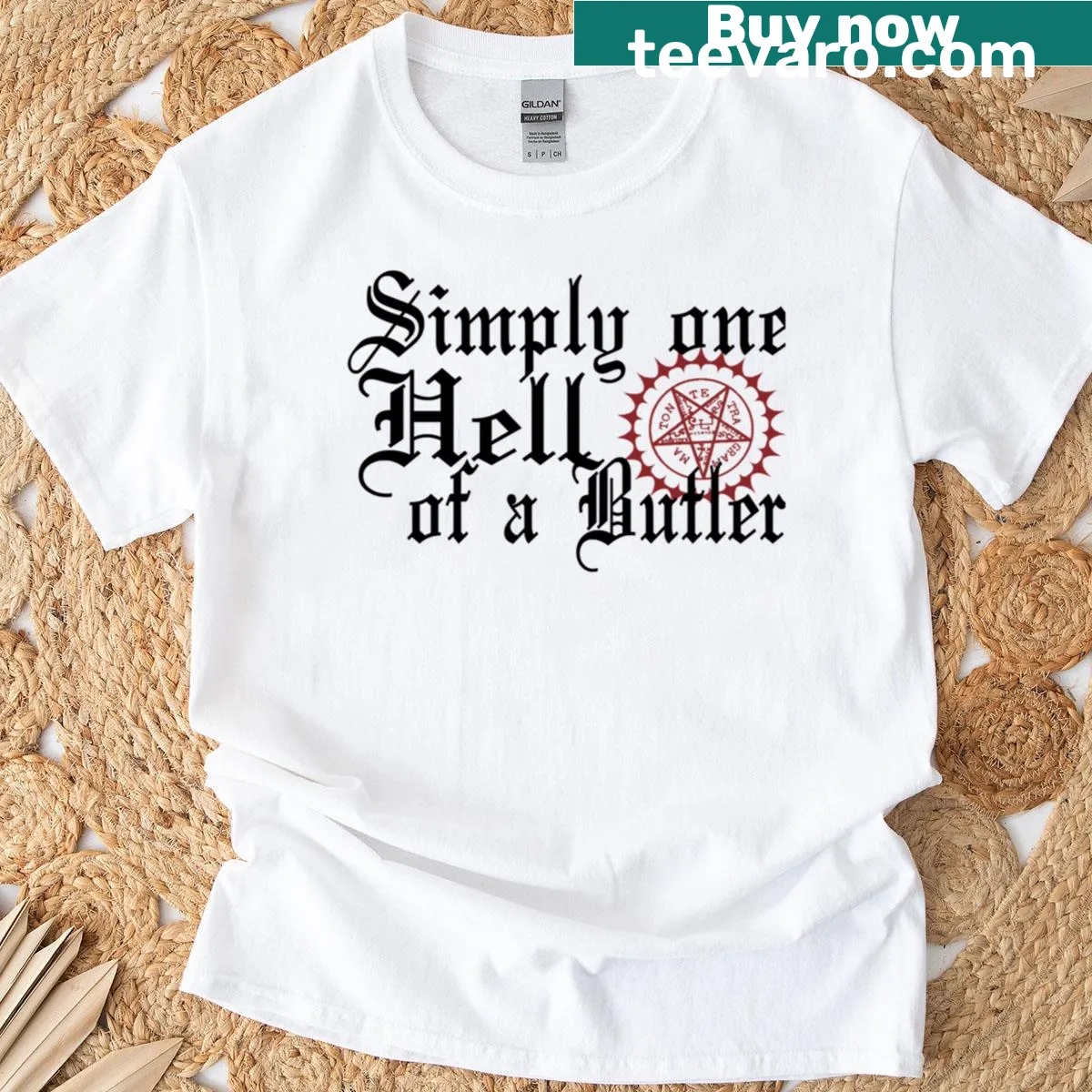 Funny typography T-shirt saying 'Simply One Hell Of A Butler' — on a men's t-shirt