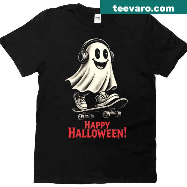 Cartoon ghost skateboarding design on a Halloween shirt