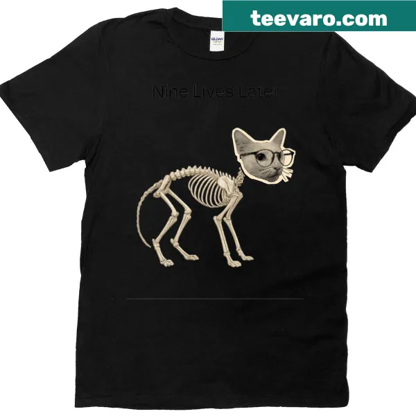 Adorable skeleton cat illustration on a Halloween-themed t-shirt.