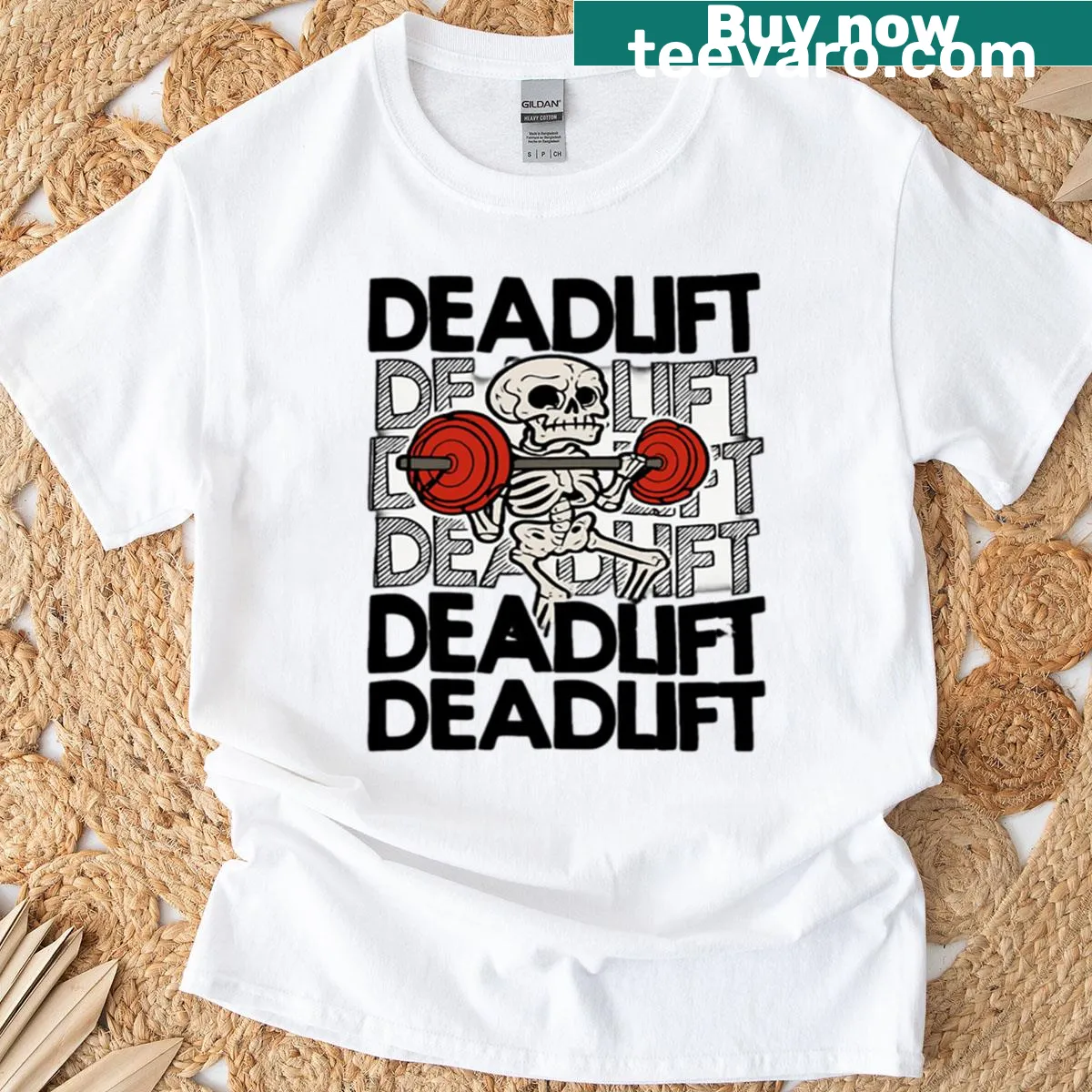 Funny gym t-shirt with a skeleton deadlifting illustration — on a men's t-shirt
