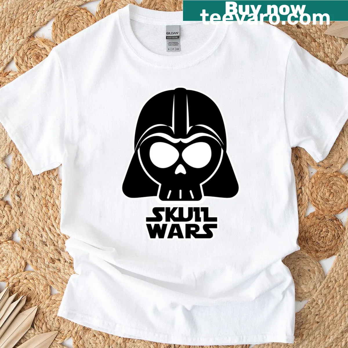 Illustrated Skull Wars t-shirt featuring a cosmic skull design — on a men's t-shirt