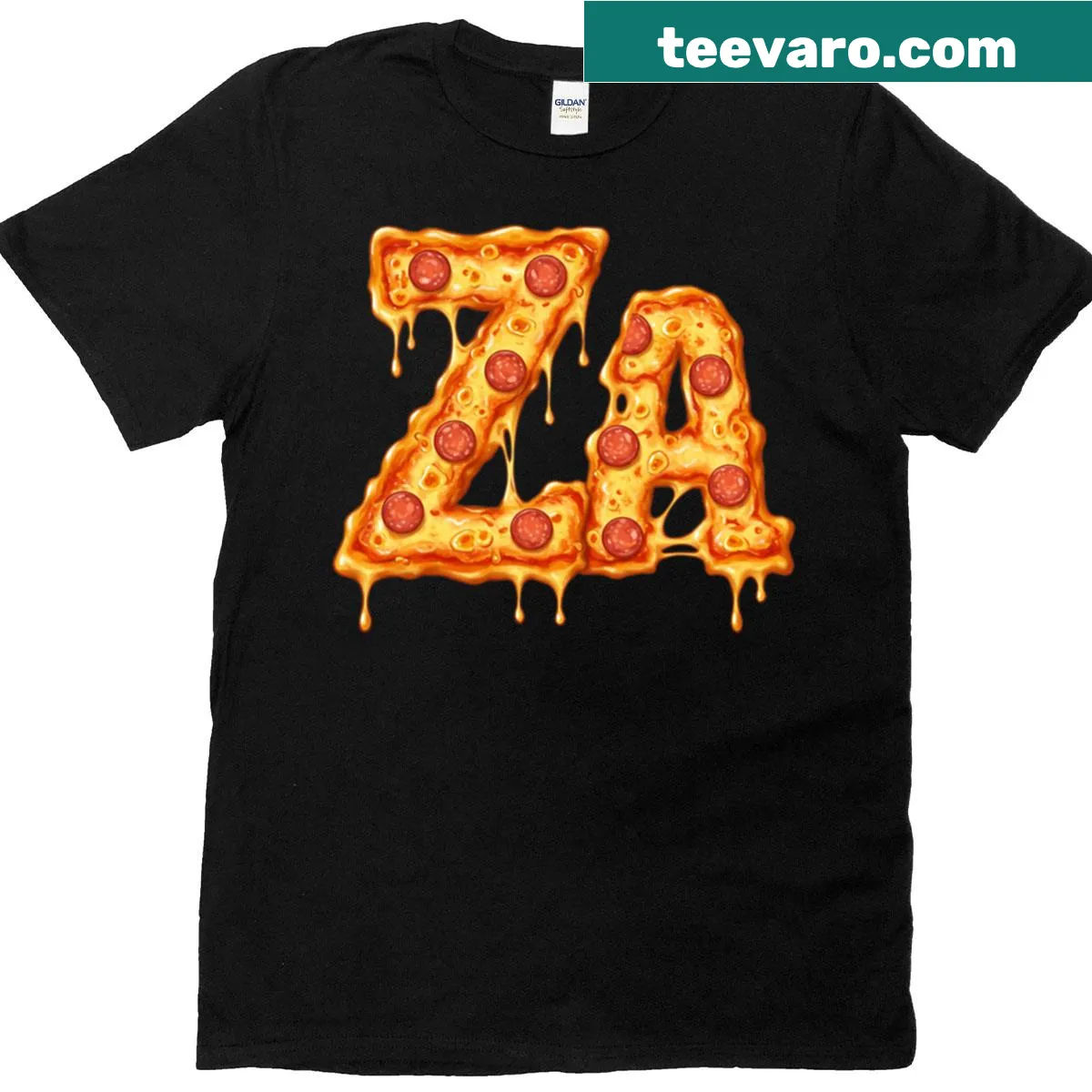 T-shirt featuring humorous pizza slang text — on a men's t-shirt