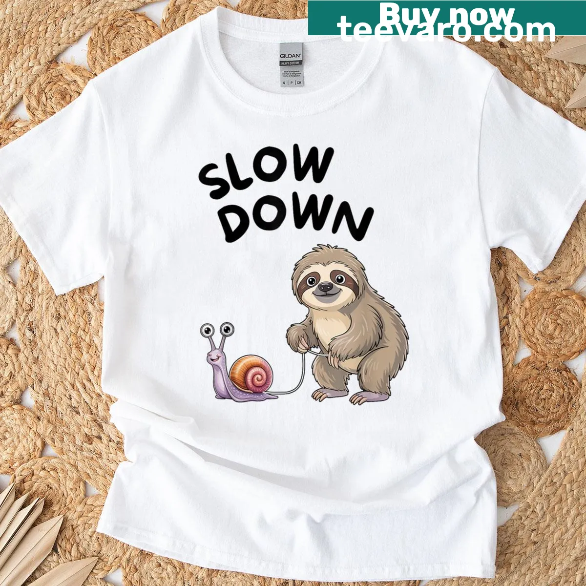 Funny t-shirt with a snail and sloth illustration and Slow Down text — on a men's t-shirt