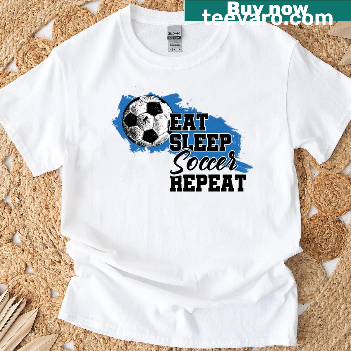 T-shirt with humorous Eat Sleep Soccer Repeat text — on a men's t-shirt
