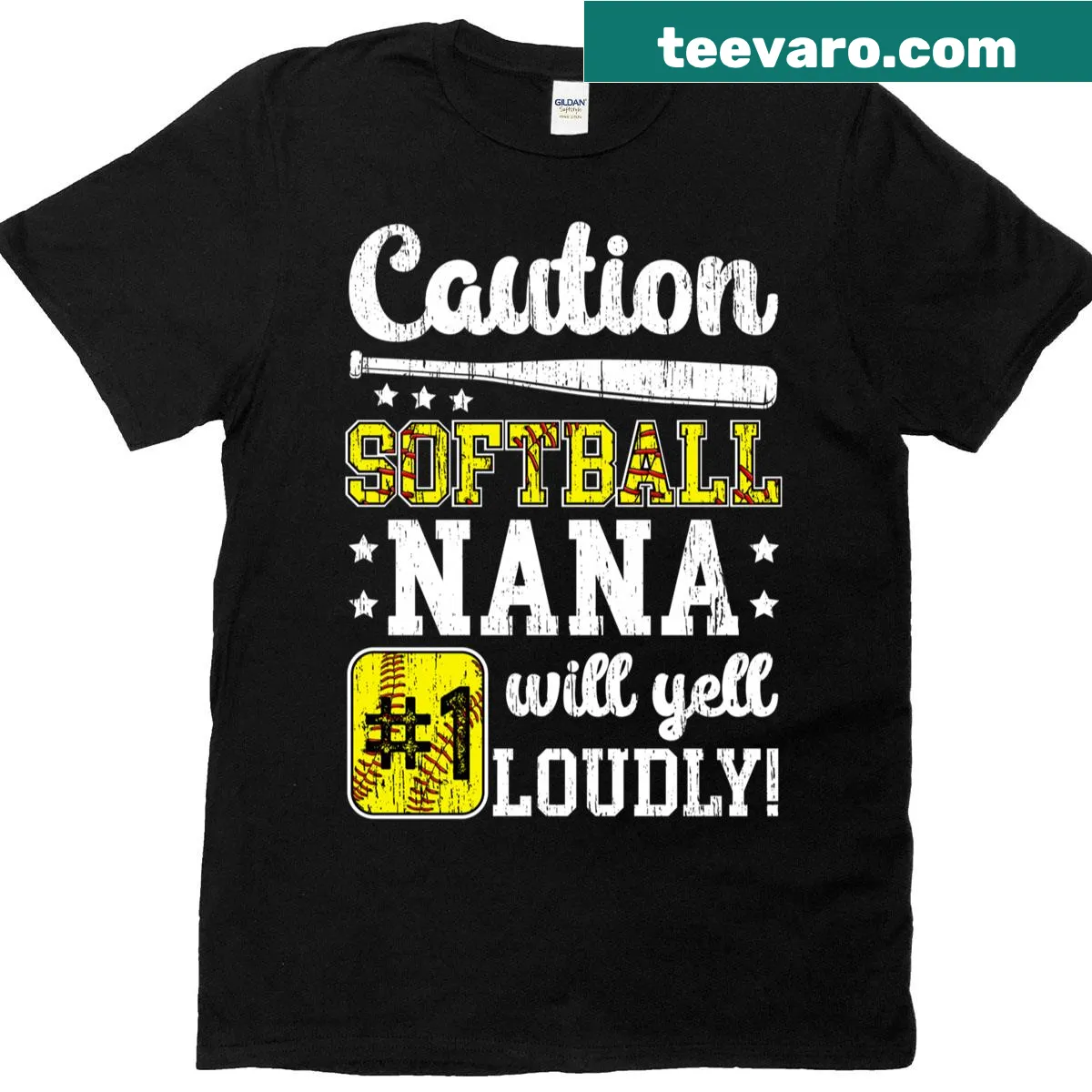 Text design reading 'Softball Nana Will Yell Loudly' on a T-shirt — on a men's t-shirt