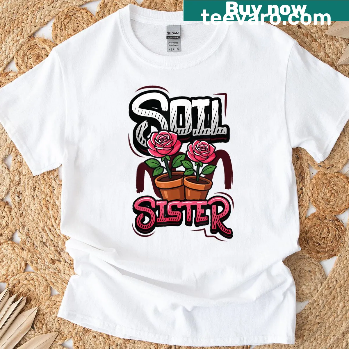 Funny gardening t-shirt with 'Soil Sister' text — on a men's t-shirt