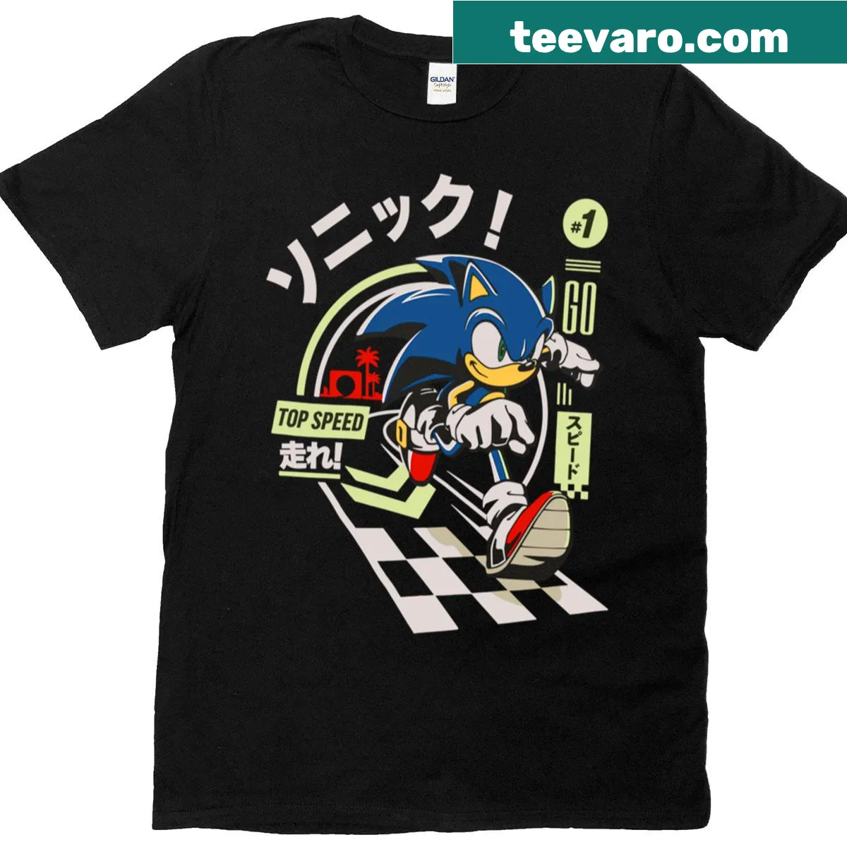 Illustration of Sonic the Hedgehog in motion on a T-shirt — on a men's t-shirt
