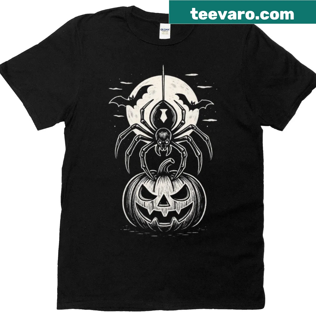 Gothic Halloween t-shirt with spider and pumpkin illustration — on a men's t-shirt