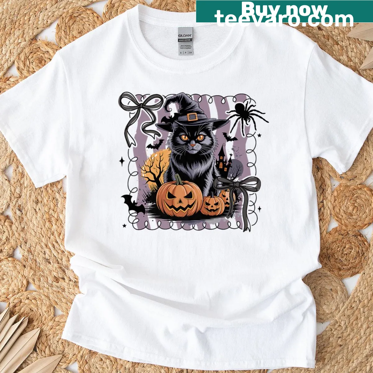 Illustrated black cat wearing a witch's hat with stars and moon. — on a men's t-shirt