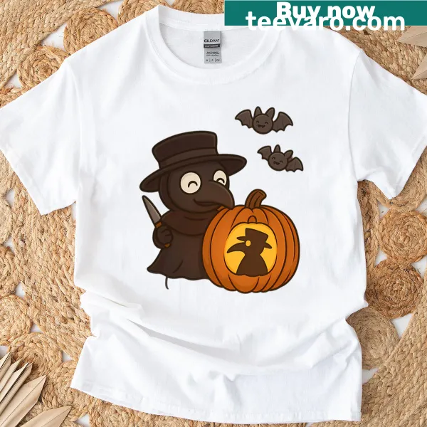 Cartoon-style plague doctor, pumpkin, and bats on a T-shirt.