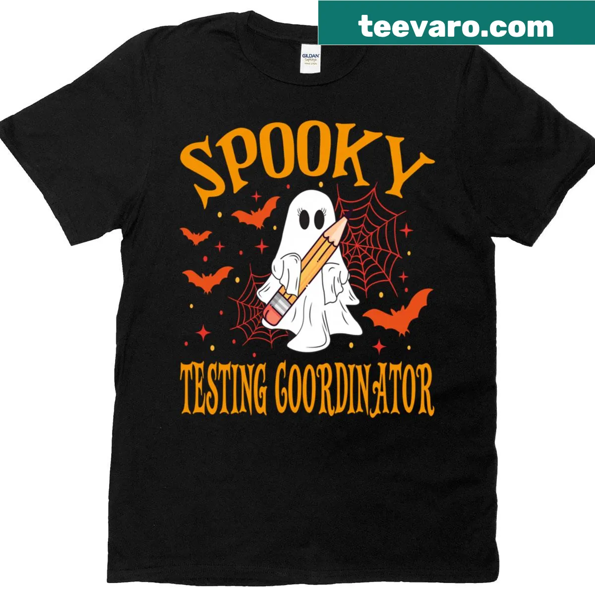 Funny T-shirt depicting a ghostly testing coordinator for Halloween — on a men's t-shirt