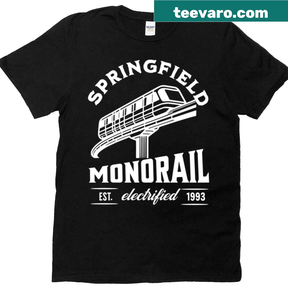 Badge-style graphic of Springfield Monorail on a T-shirt. — on a men's t-shirt