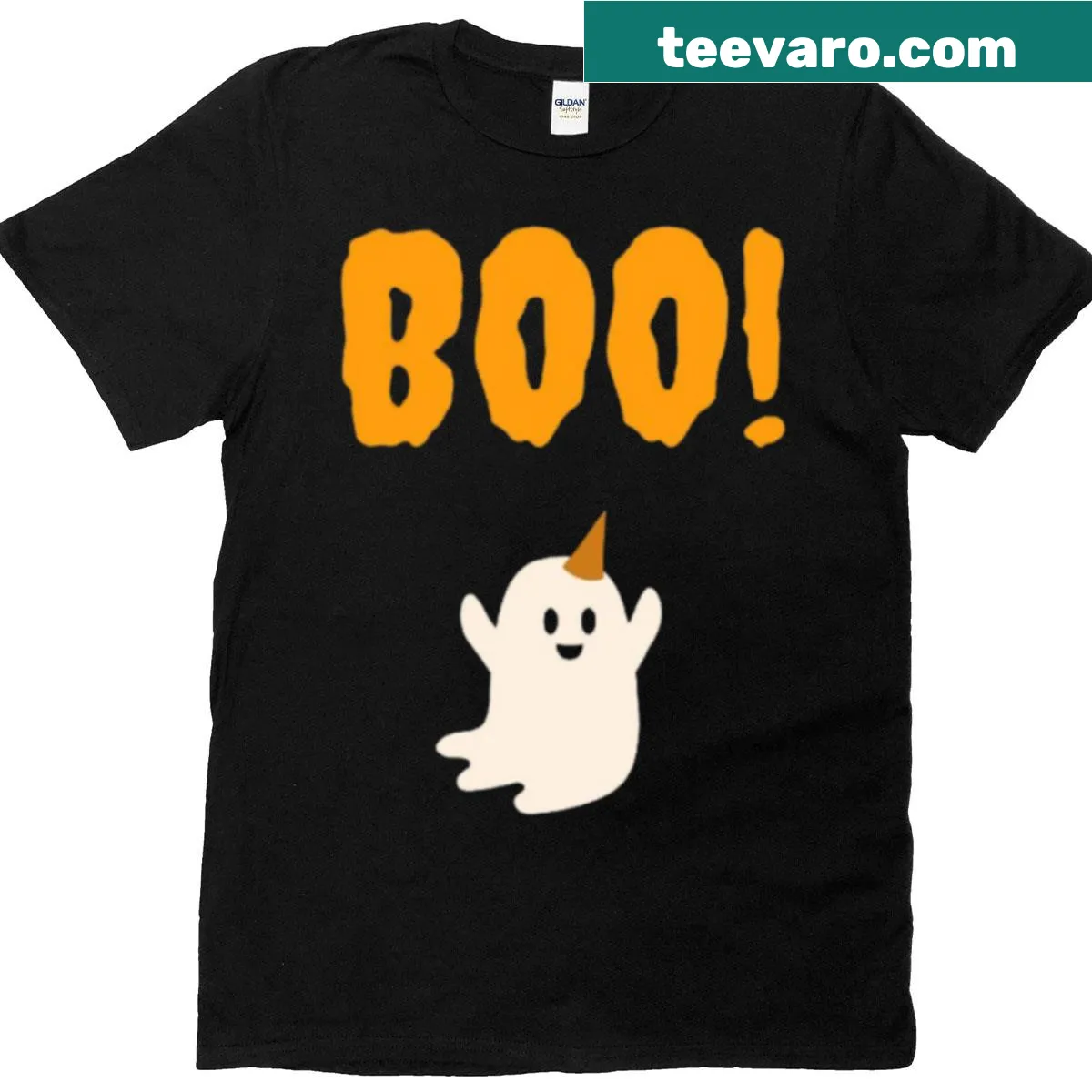 Cute ghost graphic with 'Boo' text for Halloween — on a men's t-shirt