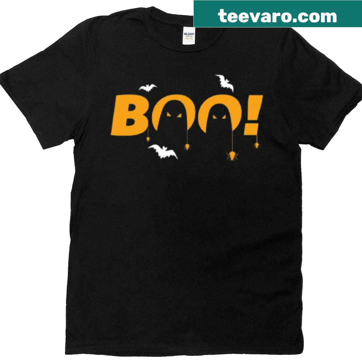 Halloween-themed t-shirt with playful ghosts, bats, and spiders — on a men's t-shirt