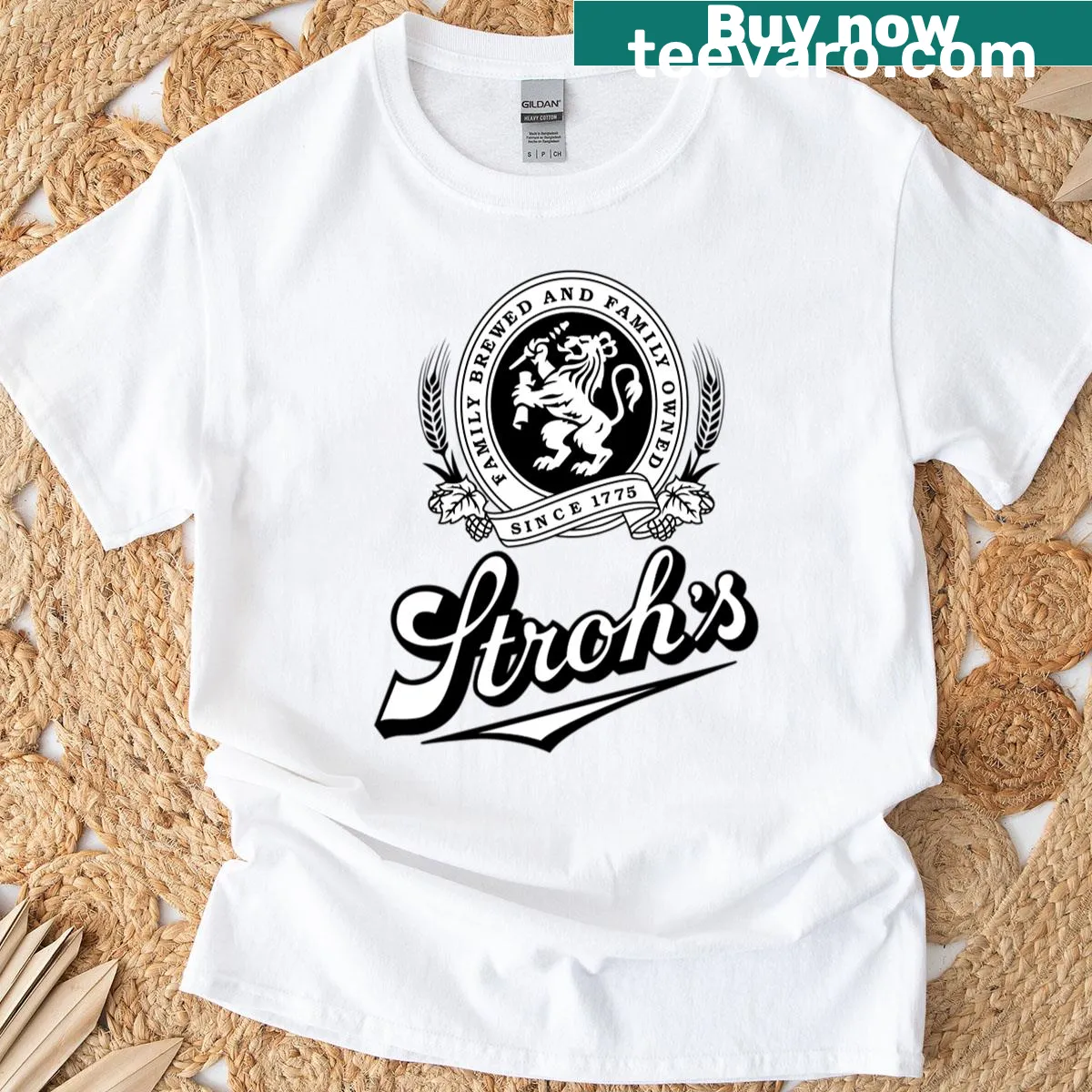 Shirt featuring Stroh Brewery beer logo illustration — on a men's t-shirt