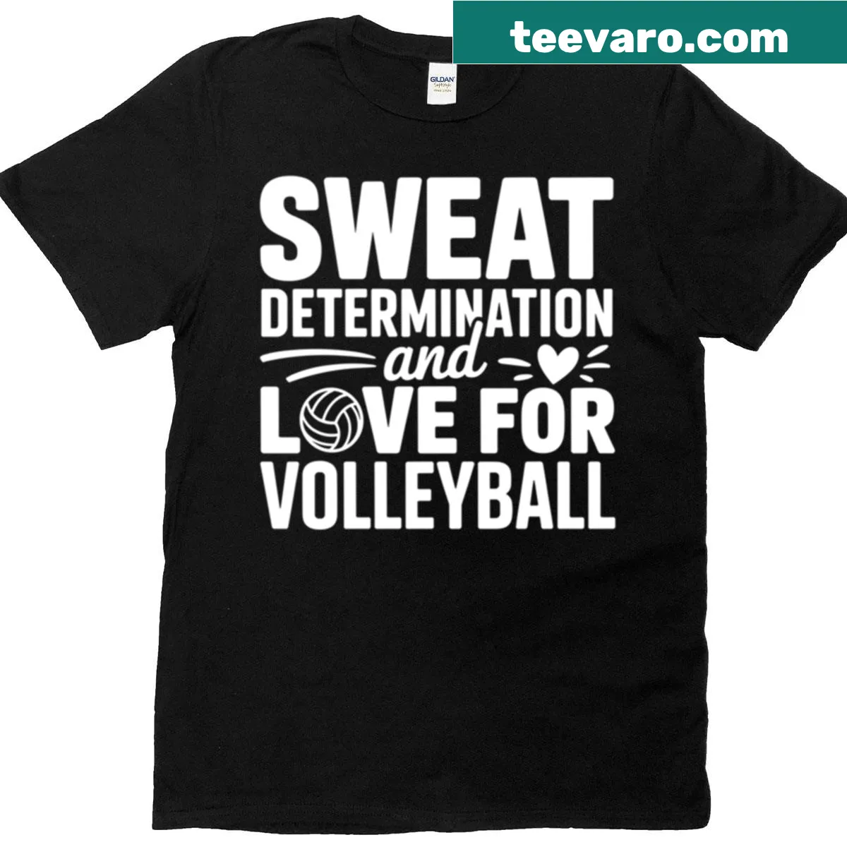 Motivational volleyball t-shirt with determination and love text — on a men's t-shirt