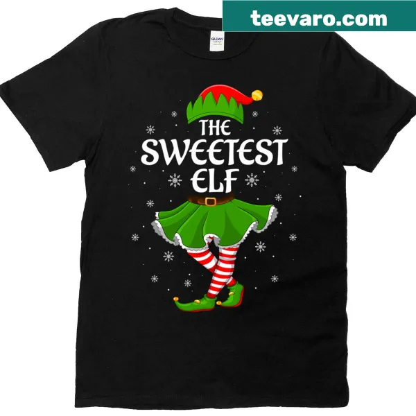 Festive T-shirt featuring cute elf illustrations for family gatherings