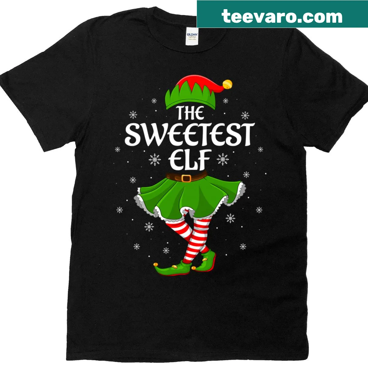 Festive T-shirt featuring cute elf illustrations for family gatherings — on a men's t-shirt